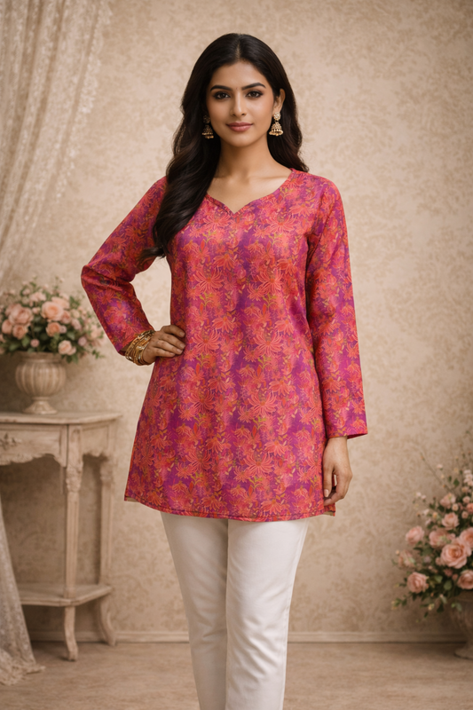 pink women’s tunics front view with digital print design