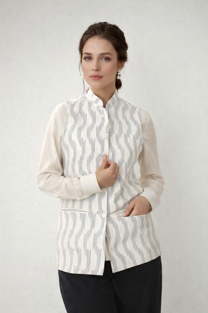 off white nehru jacket front view minimal design