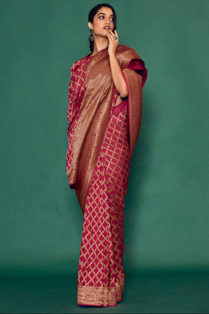 Pink Saree reflects softness and charm – perfect for graceful day functions.
