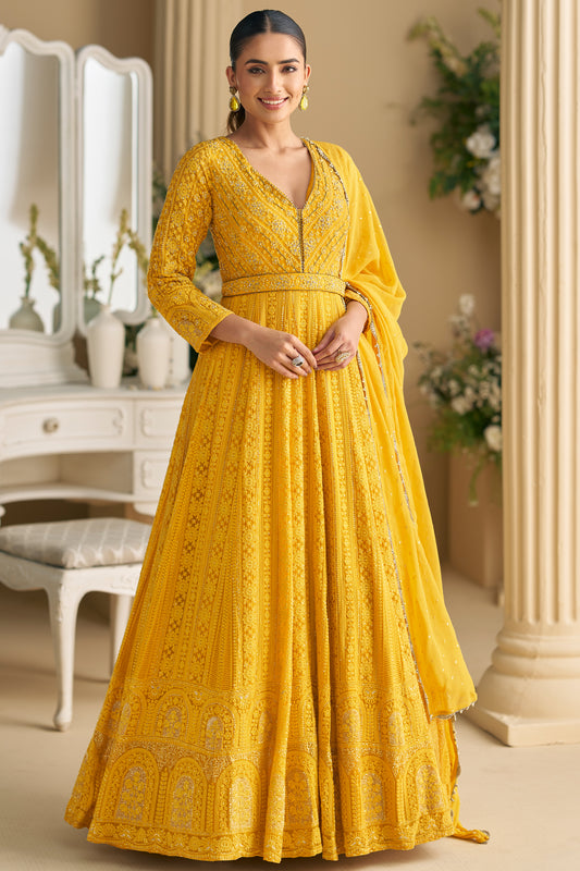 Yellow anarkali front view with chikankari embroidery