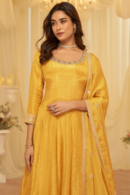 Full-length view of yellow anarkali with matching dupatta
