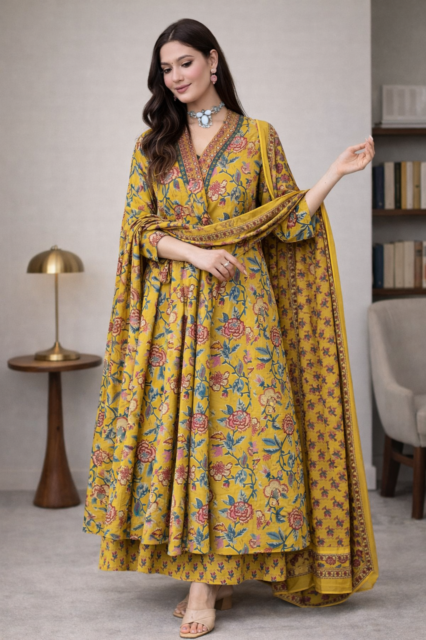 Yellow Anarkali kurti full front view with printed design