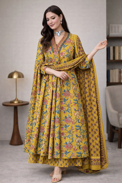 Yellow Anarkali kurti full front view with printed design