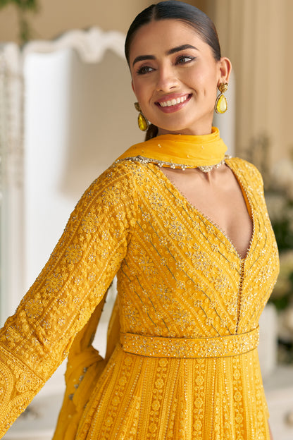 Sleeve detail of yellow anarkali suit embroidery