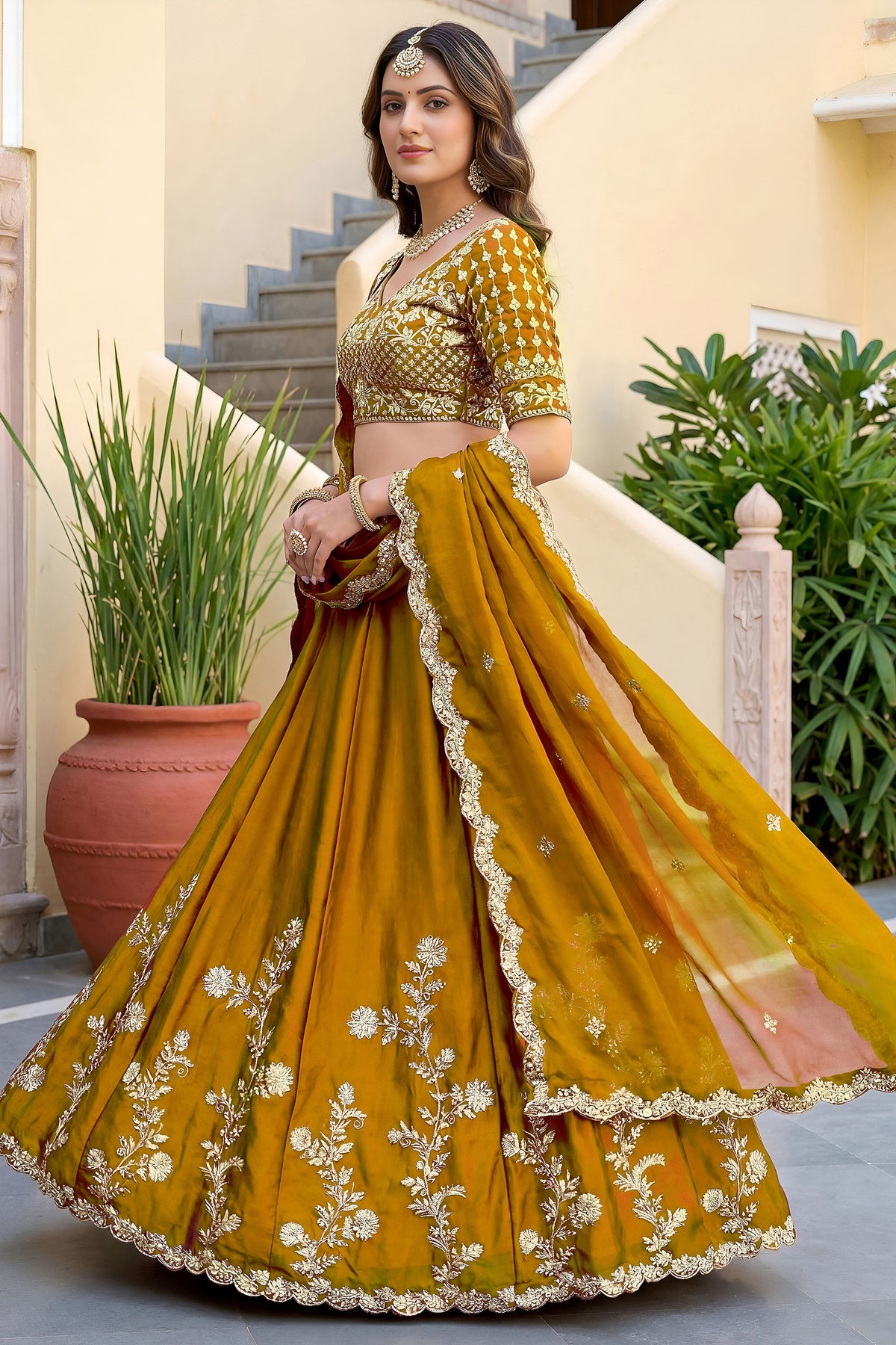 Yellow choli suit side view with matching dupatta