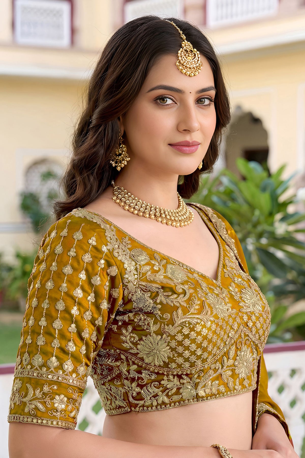 Yellow choli front detail with embroidery work