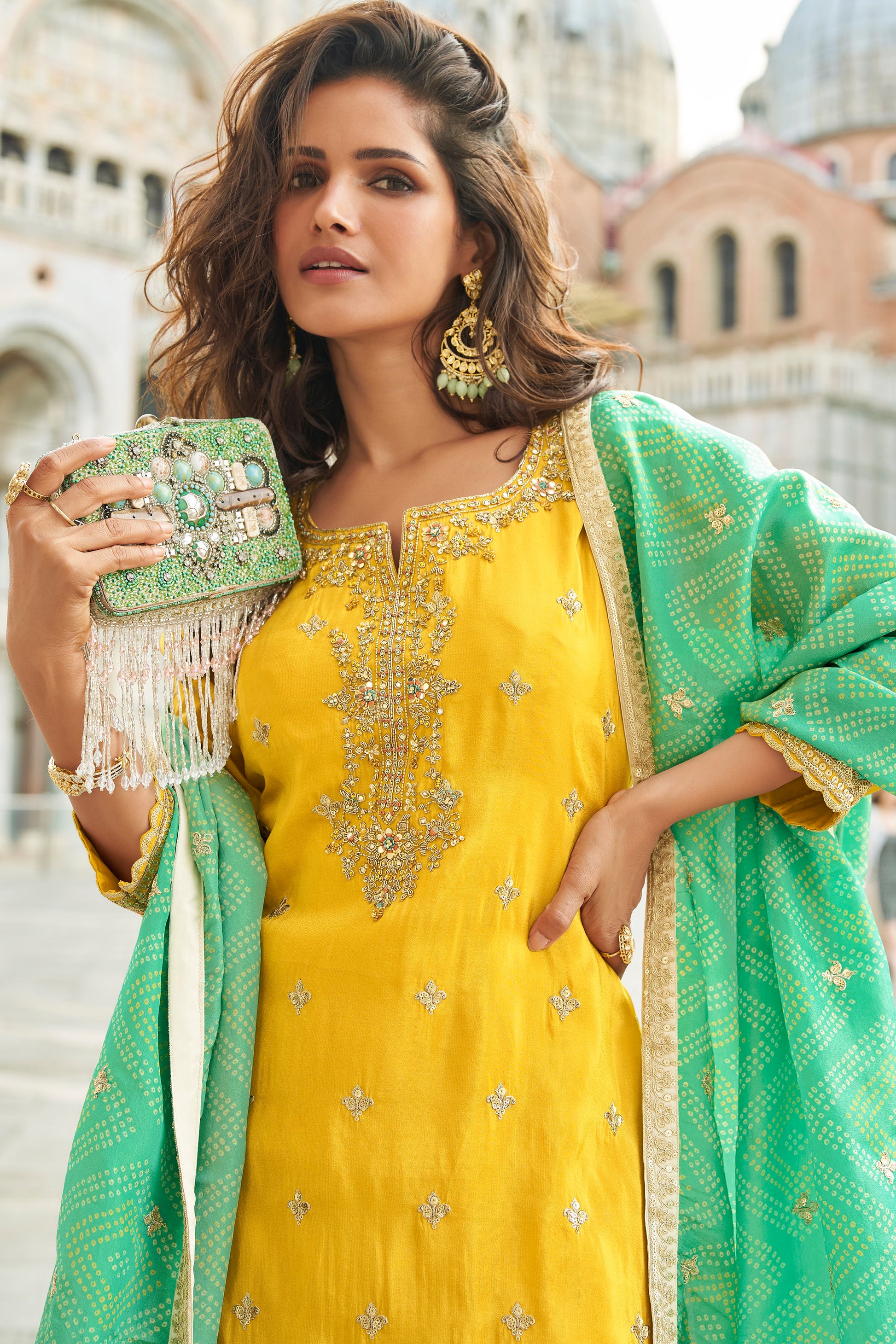 Yellow sharara suit front straight pose