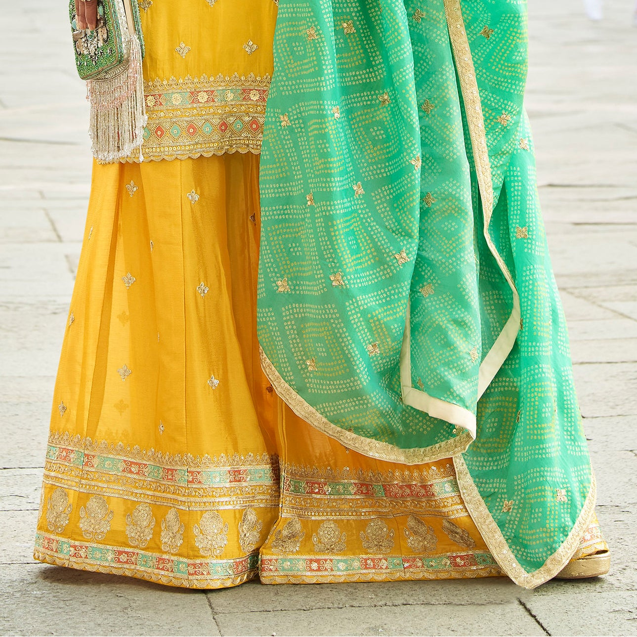 Sharara flare detail in yellow suit set