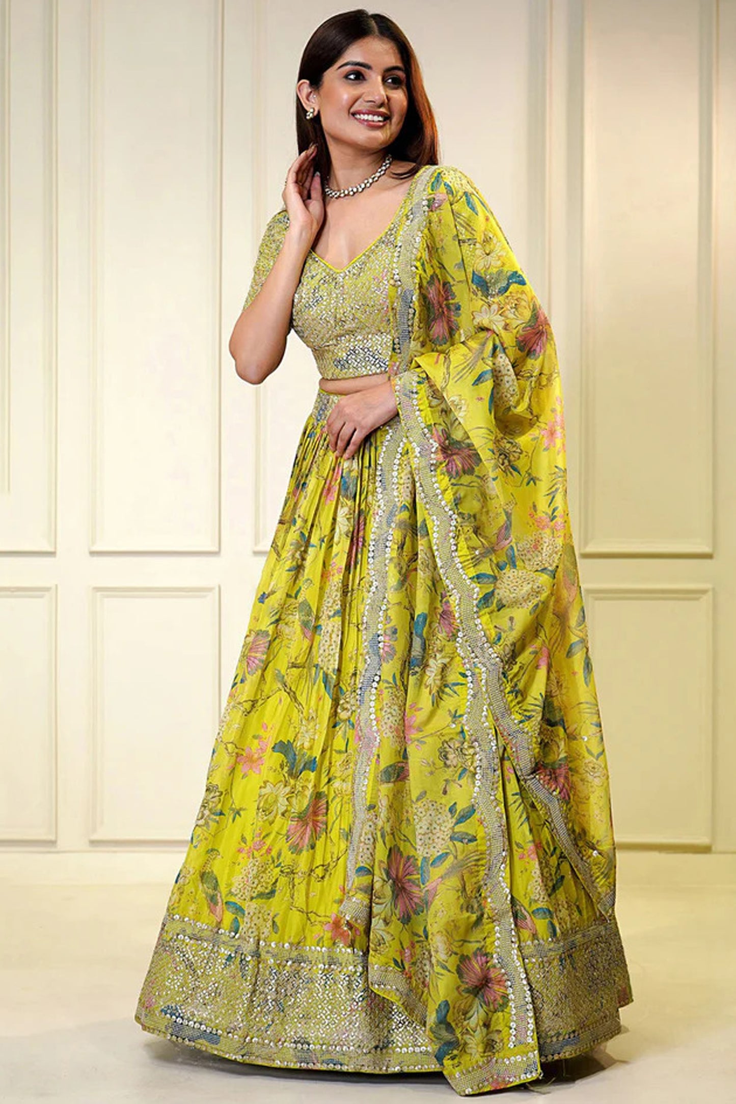 Yellow ghagra chaniya choli full front view with floral print
