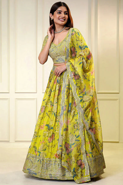 Yellow ghagra chaniya choli full front view with floral print