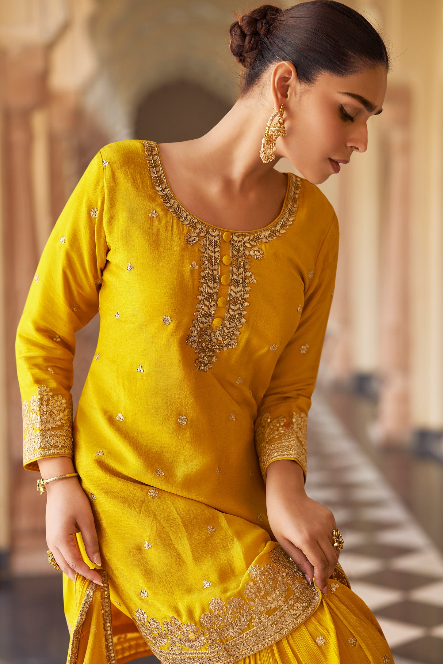 Hem detail of yellow sharara bottoms