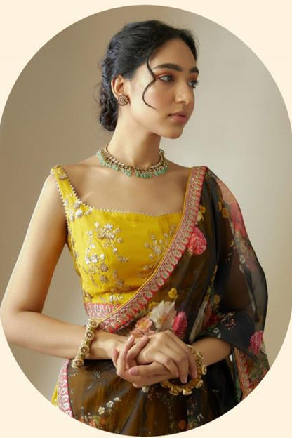 yellow georgette lehenga choli zari work pattern