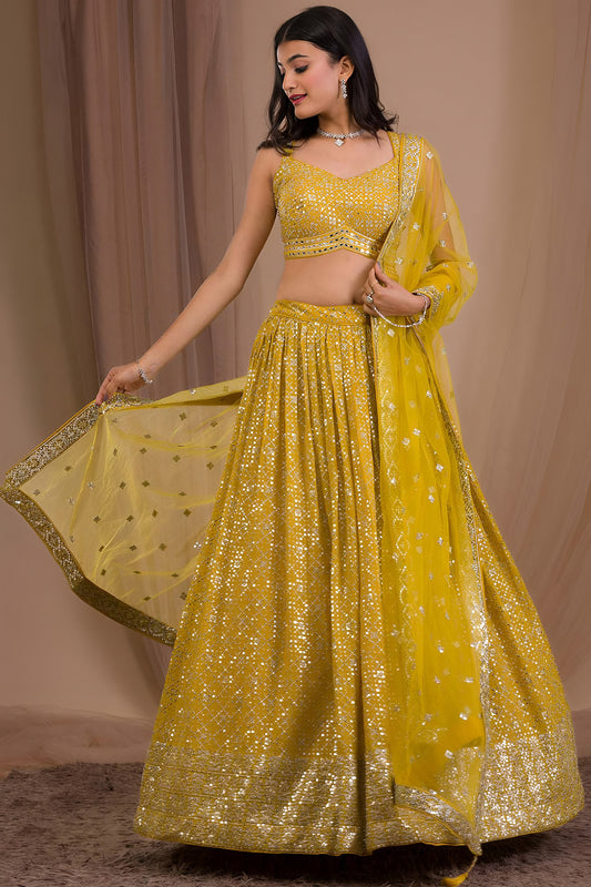 Dark Yellow Lehenga Choli with zari and sequins embroidery work