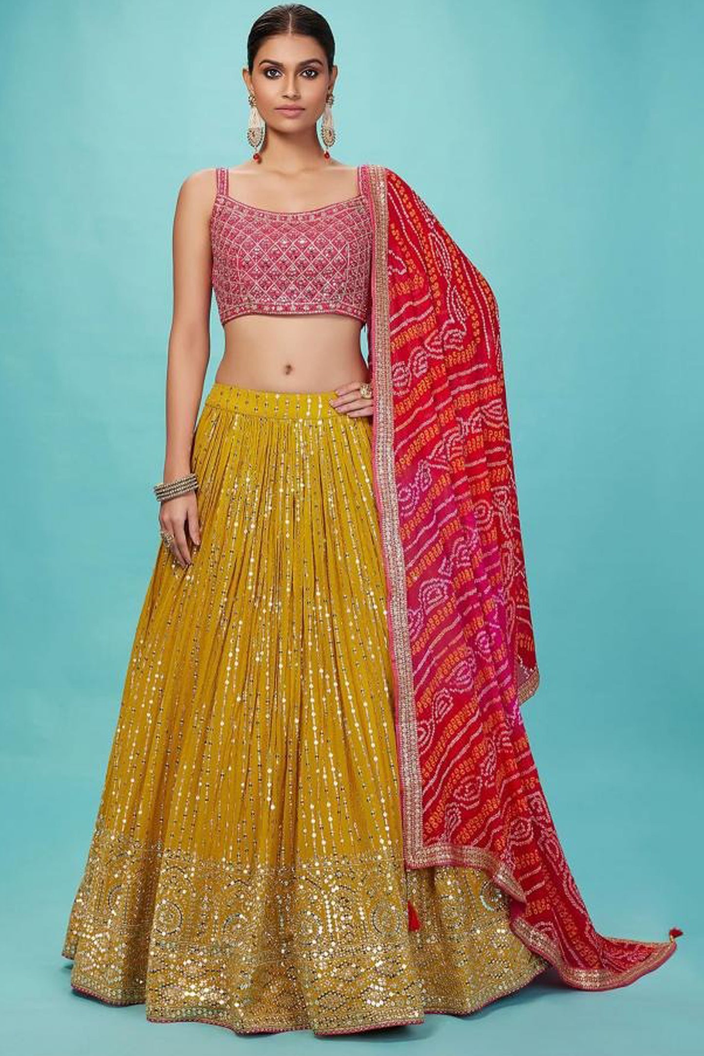 Yellow Lehenga Choli Georgette zari sequins embroidery full look