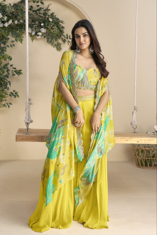 Yellow lehenga choli ghagra full front view with shrug