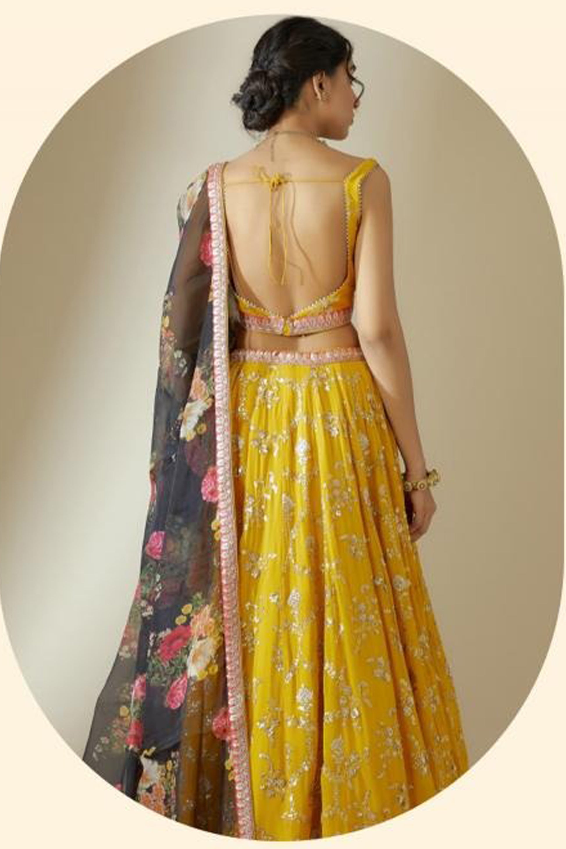yellow lehenga choli dori work close texture