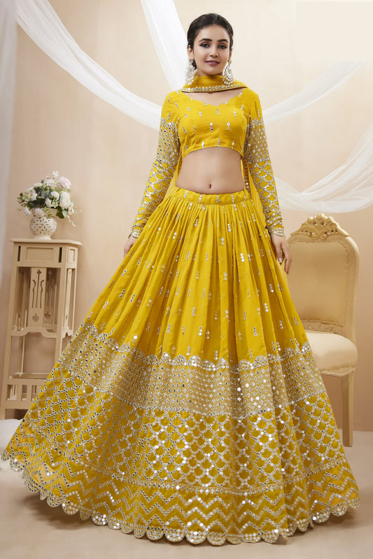 Yellow lehenga cholis full front view with sequins embroidery