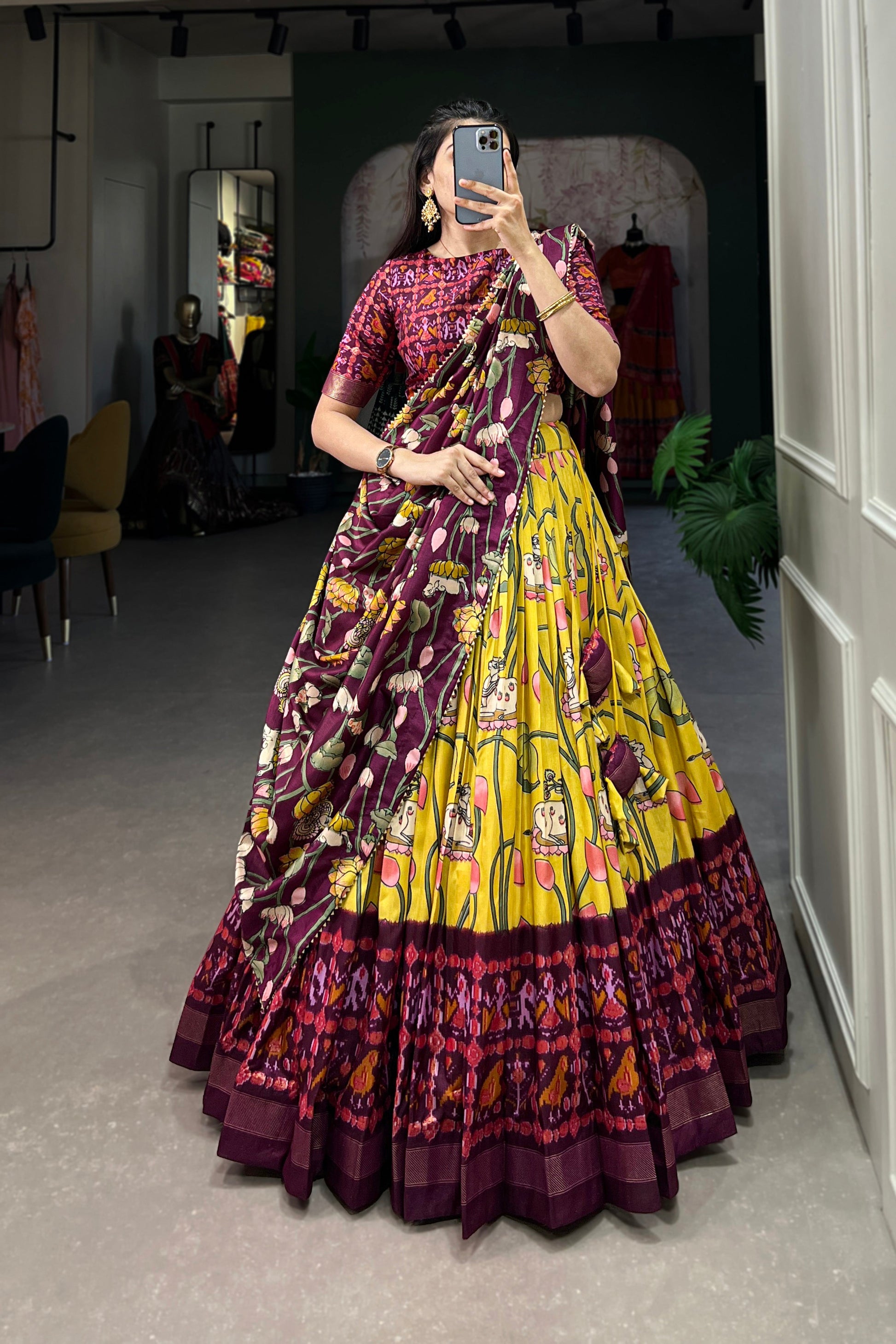 yellow lehenga front view with foil print design