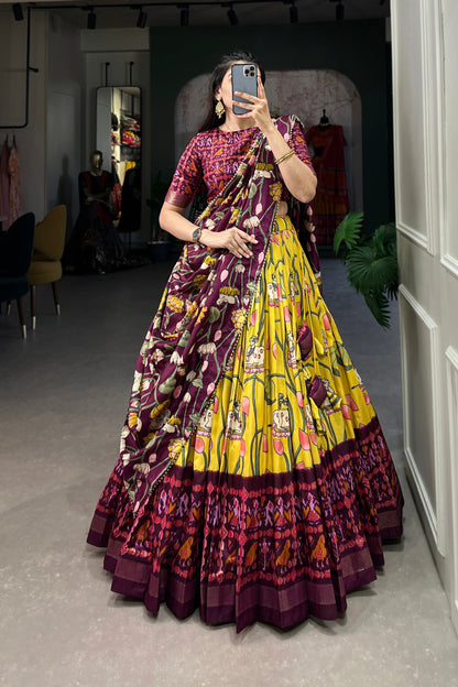 yellow lehenga front view with foil print design