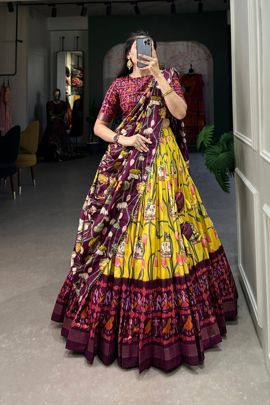 yellow lehenga front view with foil print design