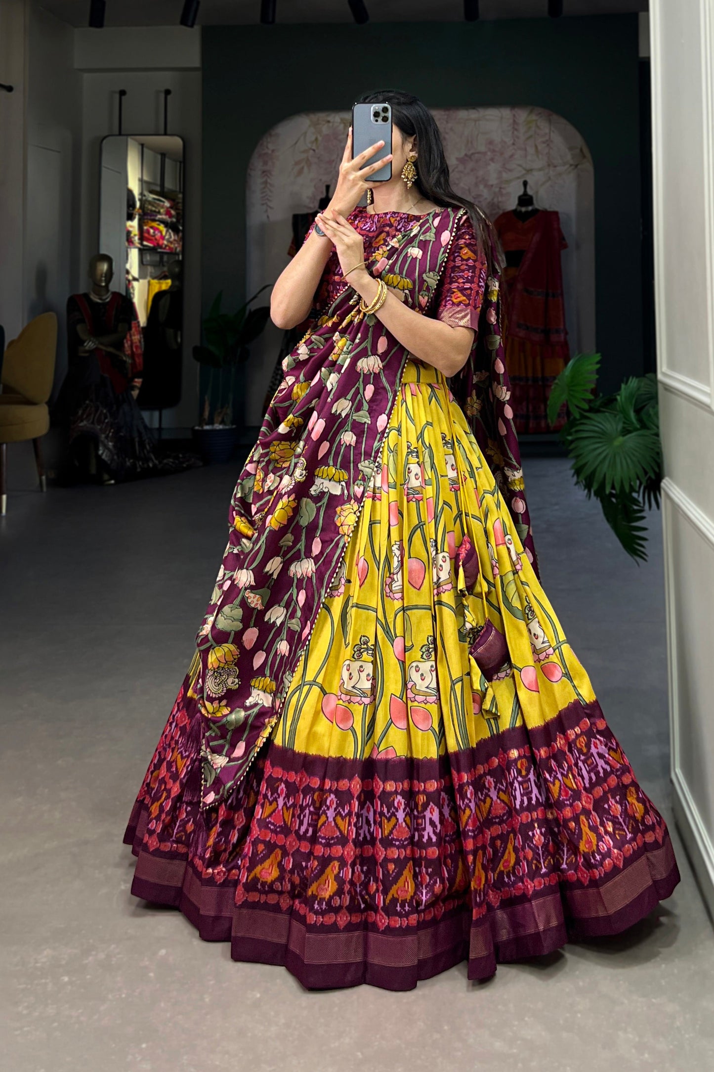 yellow colour lehenga choli skirt flare view