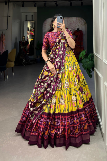 tussar silk weave detail yellow lehenga