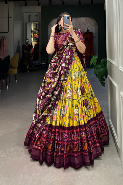 printed yellow lehenga dupatta styling detail