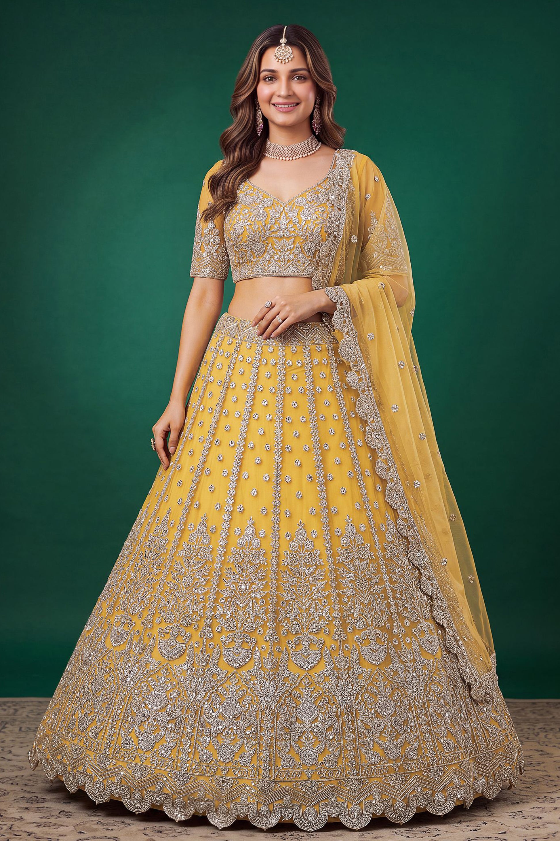 Yellow lehengha choli with Zari, Dori, and sequin embroidery
