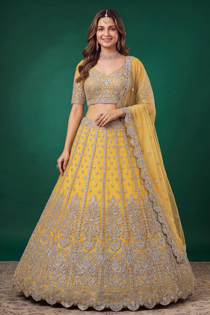 Yellow lehengha choli with Zari, Dori, and sequin embroidery