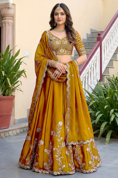 Yellow lehengha for women's choli suit front view with dupatta