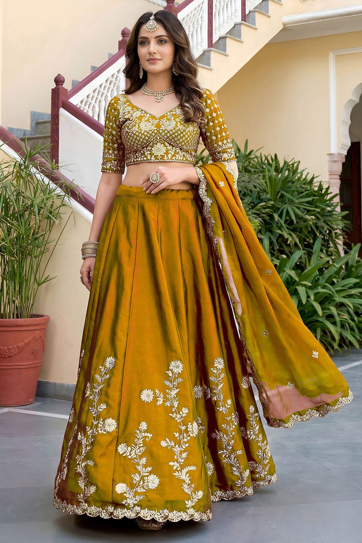 Yellow lehengha for women's full-length front view