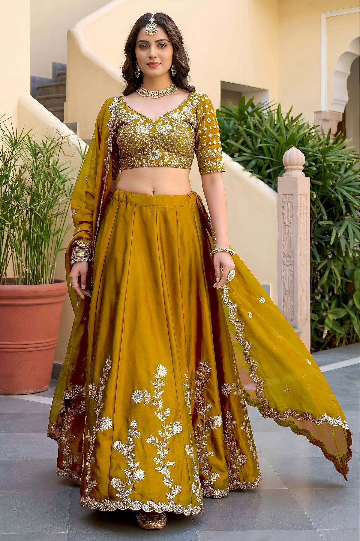 Yellow lehengha for women's embroidered outfit view