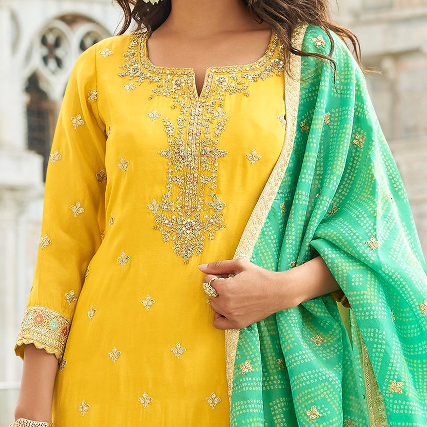 Neckline embroidery detail on yellow kameez