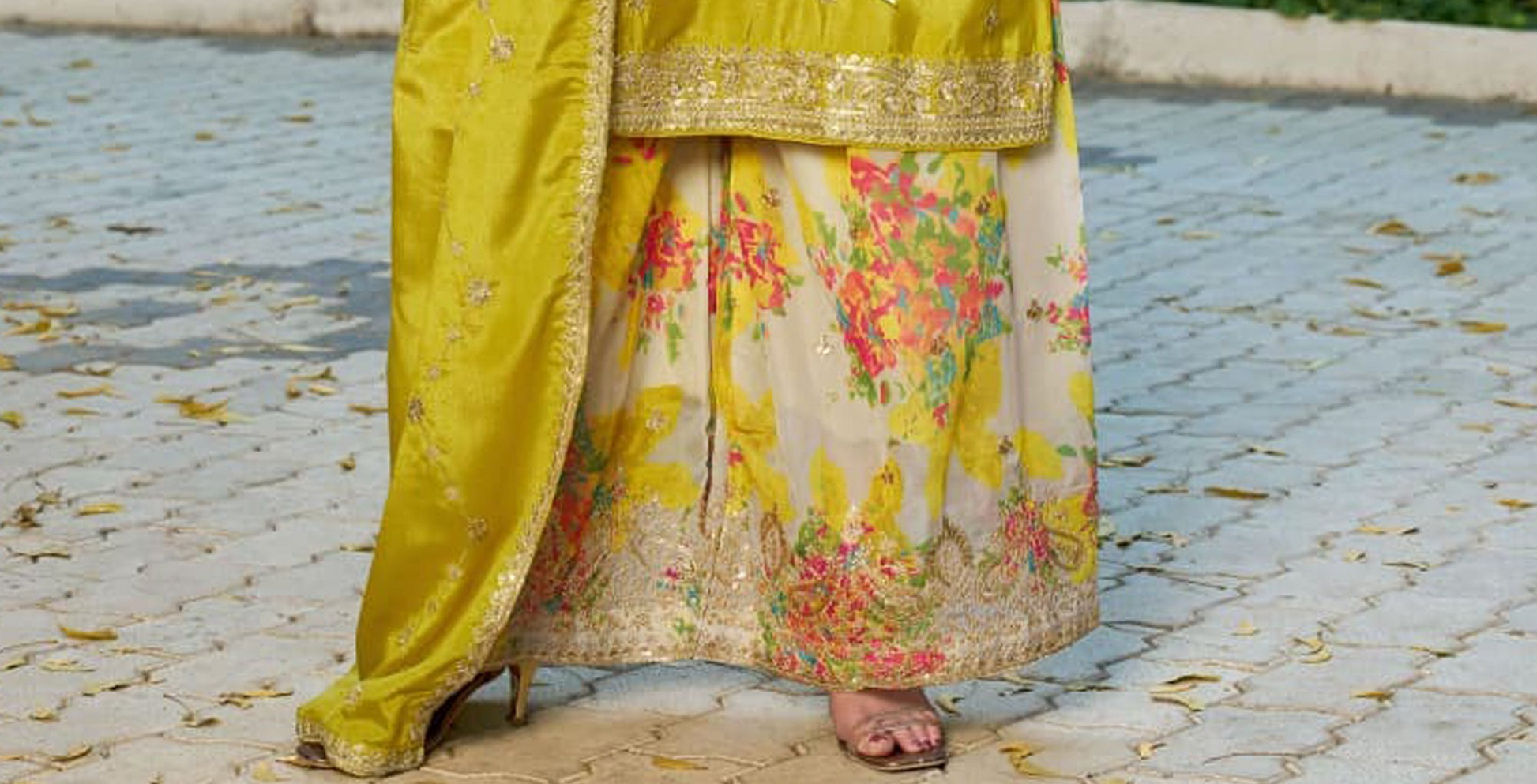 Yellow Palazzo Suit with festive embroidery detail
