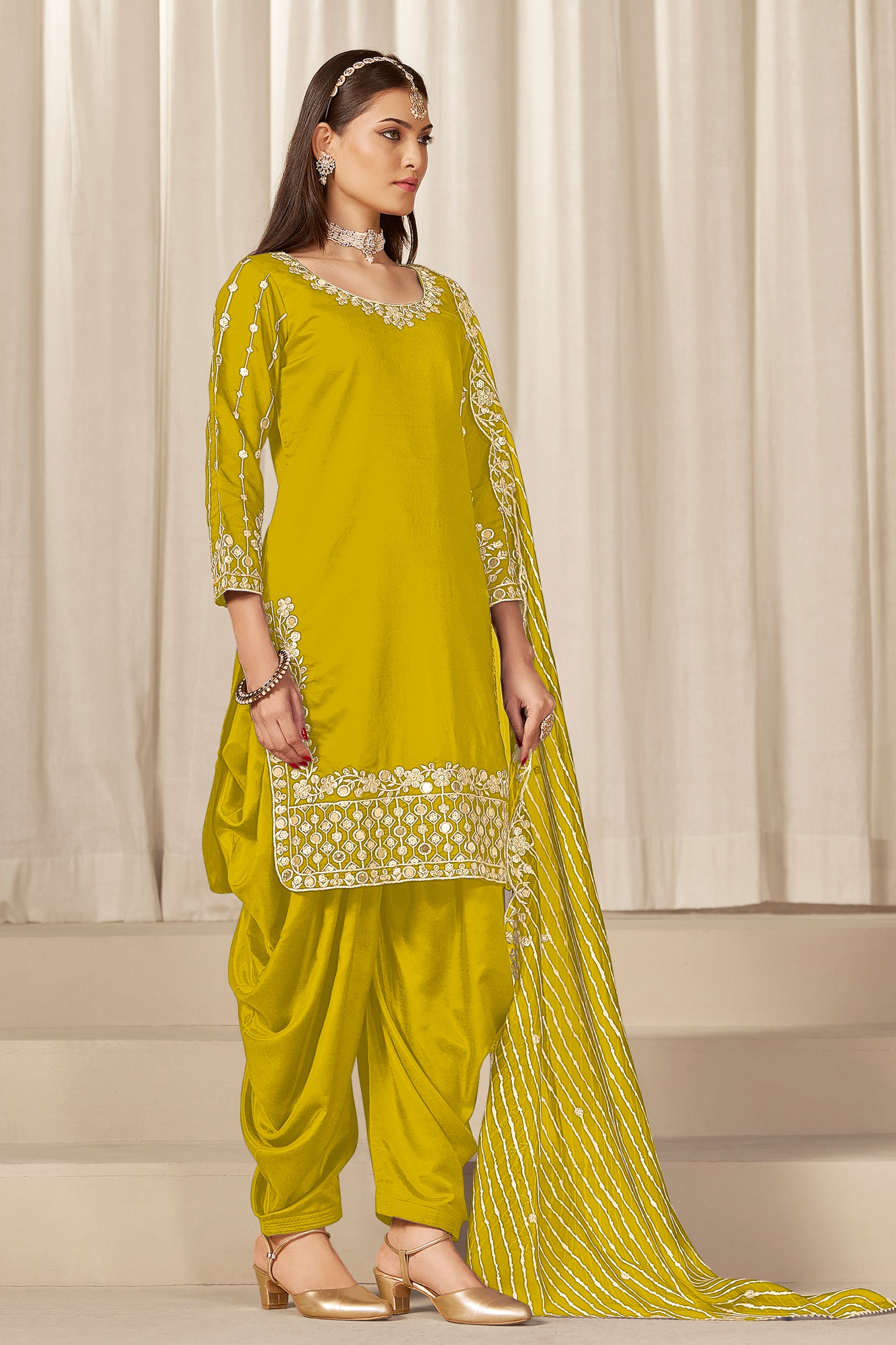 Yellow patiyala suit for Eid wear with delicate mirror detailing