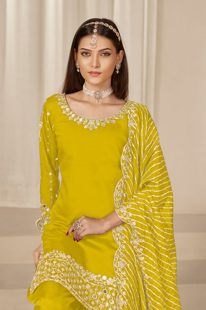 Side view of yellow kameez patiyala with detailed mirror embellishments