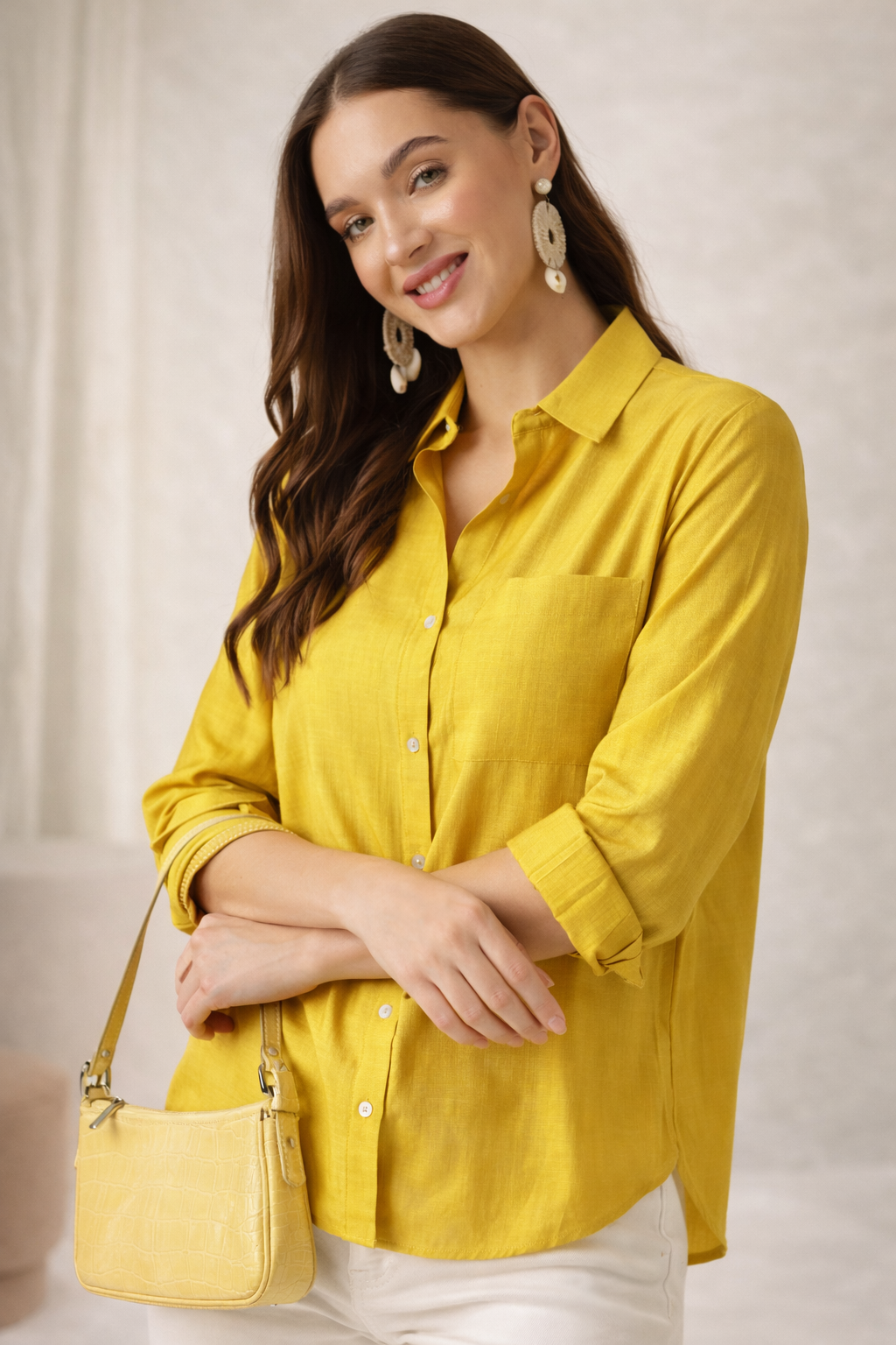 Yellow oversized shirt for women full sleeve detail