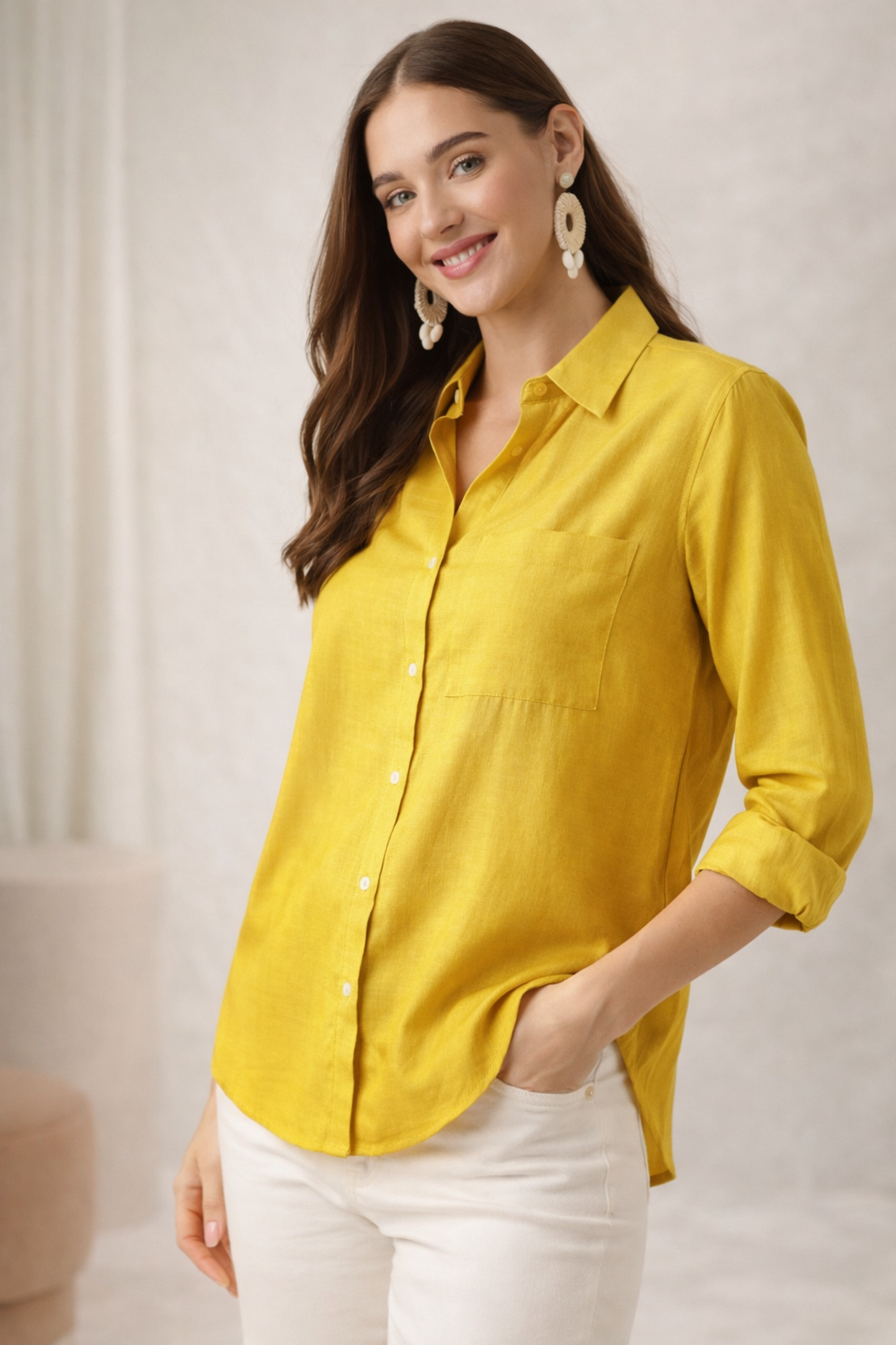 Yellow shirt styled for casual office outfit