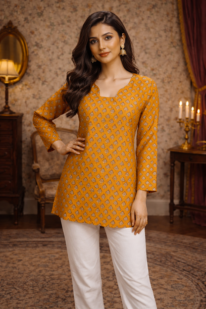 Yellow top with digital print front view on model