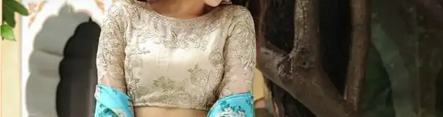 Close view of Zari Dori and sequins embroidery on Baby Blue outfit