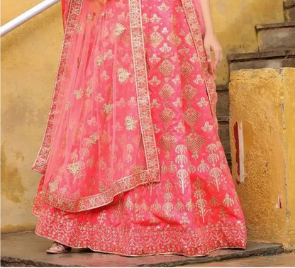 Close-up of zari dori sequins embroidery on georgette lehenga