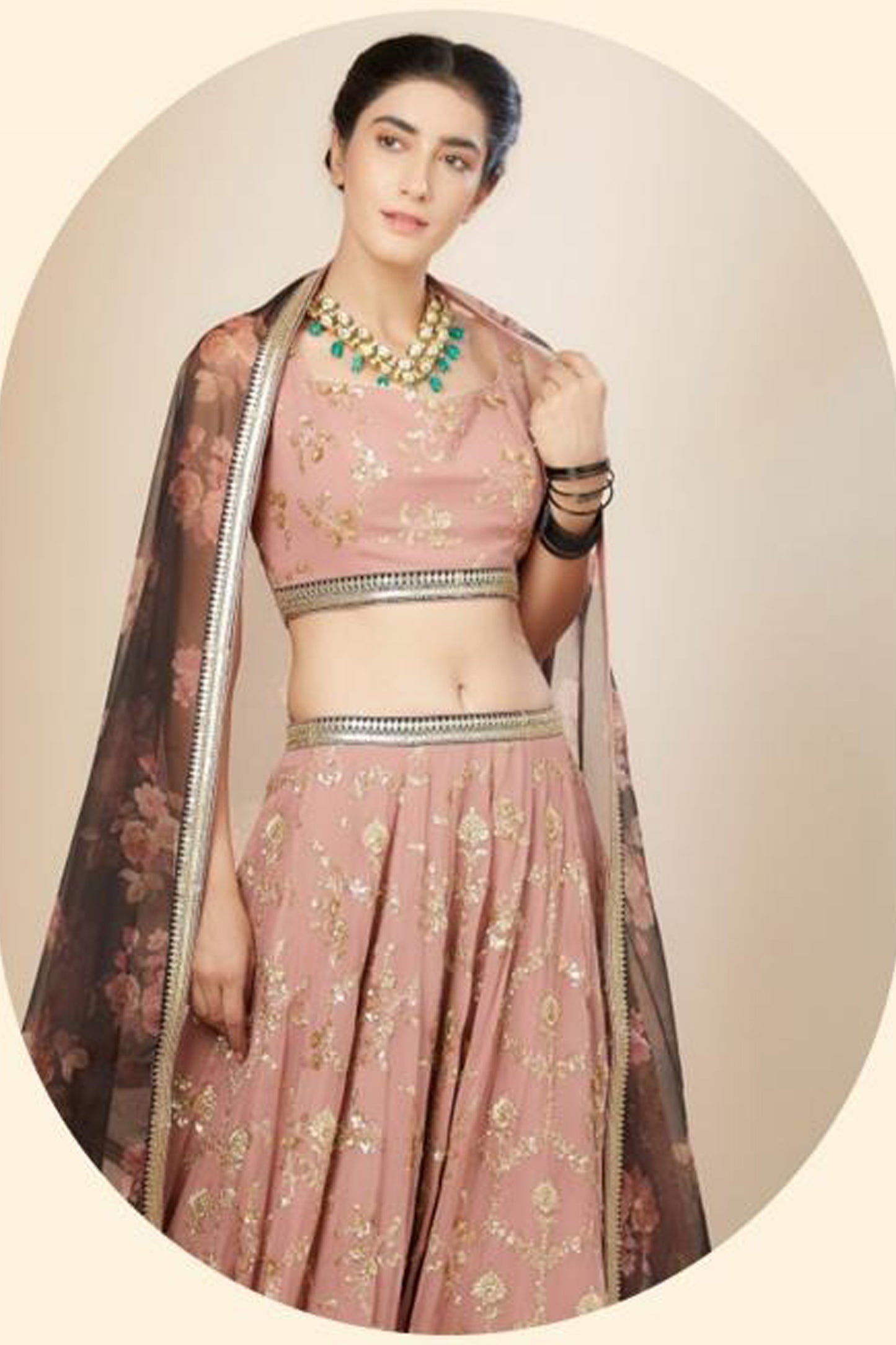 close view zari and sequins embroidery on pink lehenga choli fabric