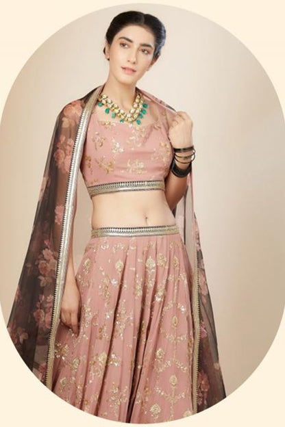close view zari and sequins embroidery on pink lehenga choli fabric