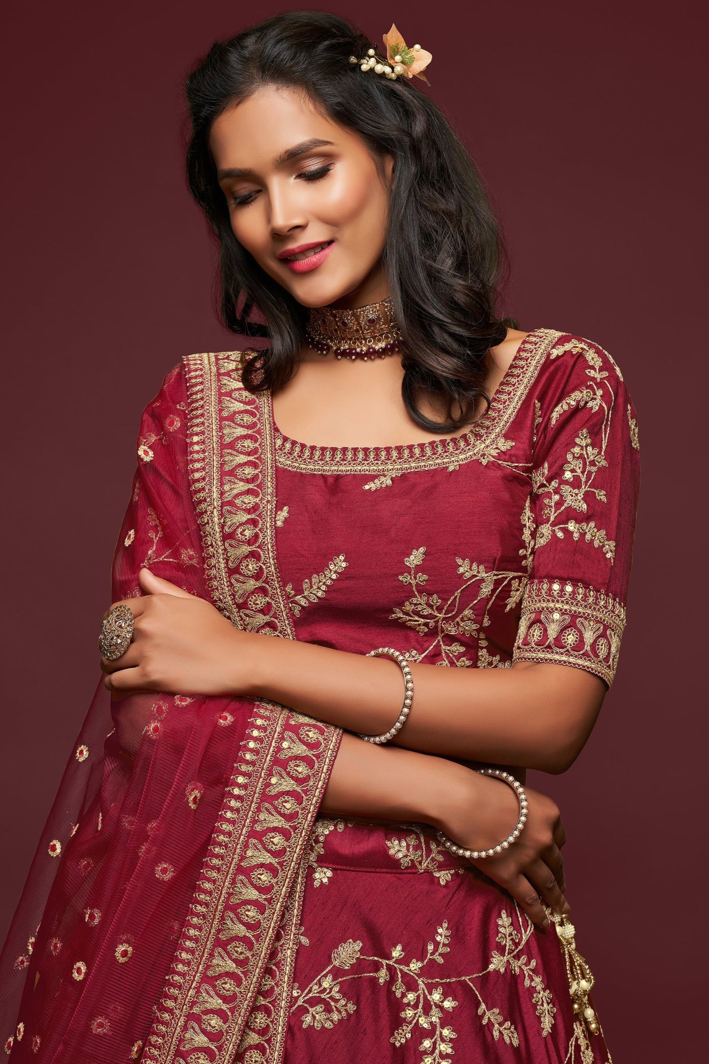 maroon lehenga choli with sequins embroidery close-up
