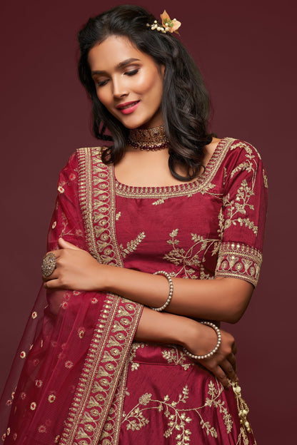maroon lehenga choli with sequins embroidery close-up