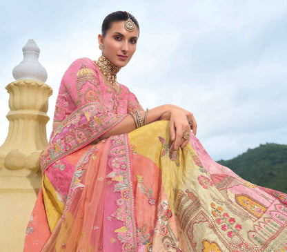 Texture view of viscose zari tissue peach lehenga