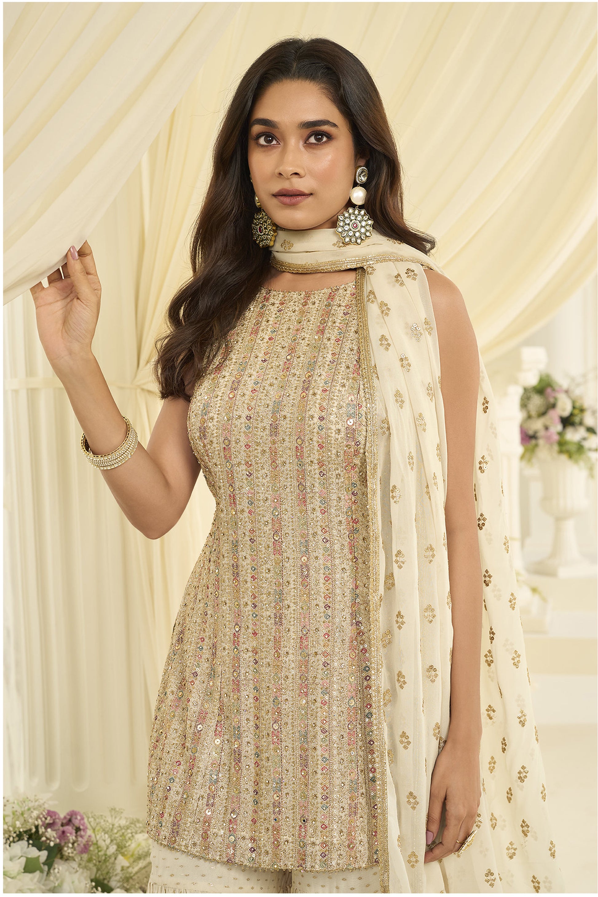 Close up of embroidered seroski zarkan work on kameez